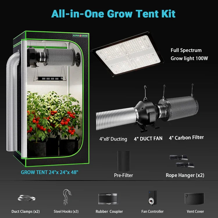 MIMEO All-in-One Grow Tent Kit with LED Light, Carbon Filter & Ducting for Indoor Hydroponics