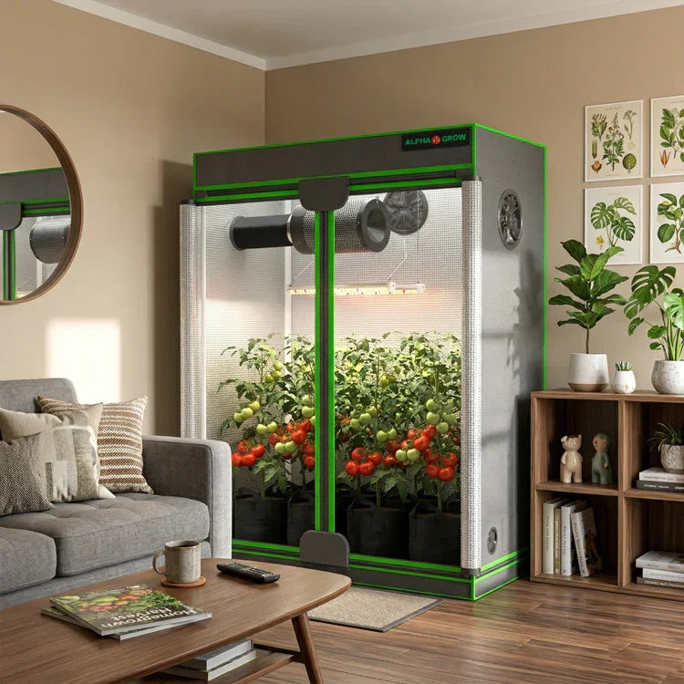 MIMEO indoor grow tent with LED light, thriving tomato plants, stealth hydroponics setup for home gardening