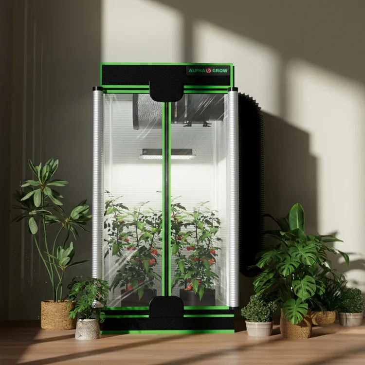 MIMEO indoor grow tent with LED light, hydroponic plants, and stealth design for home gardening