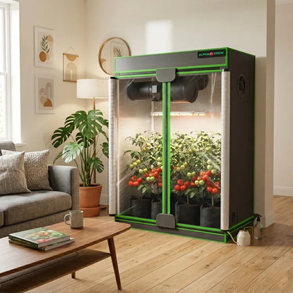 MIMEO indoor grow tent with LED lights and tomato plants, featuring stealth hydroponic setup for home gardening