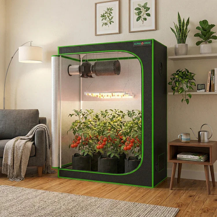 MIMEO Grow Tent with LED Grow Light and thriving tomato plants for indoor hydroponics gardening