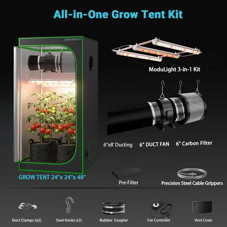 MIMEO All-in-One Grow Tent Kit with LED Light, Carbon Filter & Ducting for Indoor Hydroponics
