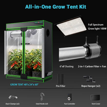 MIMEO All-in-One Grow Tent Kit with LED Grow Light, Carbon Filter & Fan for Indoor Hydroponics