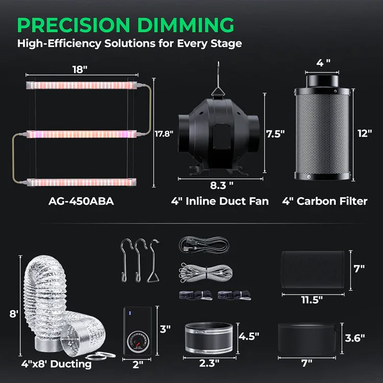 MIMEO indoor grow kit with LED grow light, inline fan, carbon filter, and ducting for stealth hydroponics