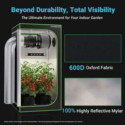 MIMEO Grow Tent with LED Grow Light & Inline Fan – 600D Oxford Fabric, Reflective Mylar for Indoor Hydroponics