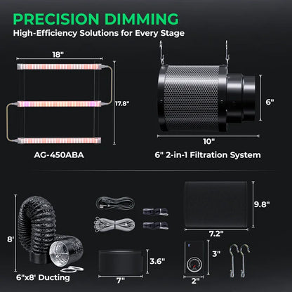 MIMEO AG-450ABA LED Grow Light & 6" 2-in-1 Filtration System for Indoor Hydroponics