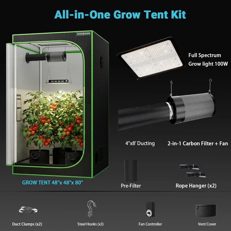 MIMEO All-in-One Grow Tent Kit with LED Grow Light, Carbon Filter & Fan for Indoor Hydroponics