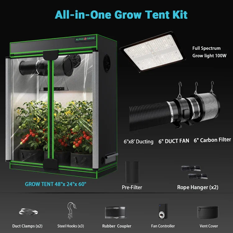 MIMEO All-in-One Grow Tent Kit with LED Grow Light, Carbon Filter & Duct Fan for Indoor Hydroponics