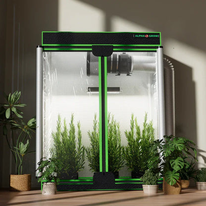 MIMEO indoor grow tent with LED light and plants, stealth hydroponics setup for home gardening