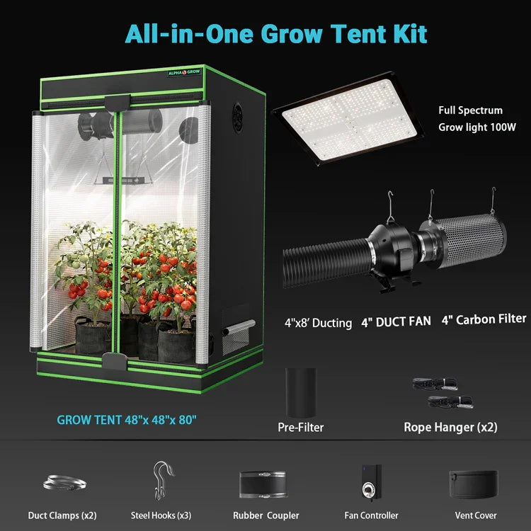 MIMEO All-in-One Grow Tent Kit with LED Grow Light, Carbon Filter & Duct Fan for Indoor Hydroponics
