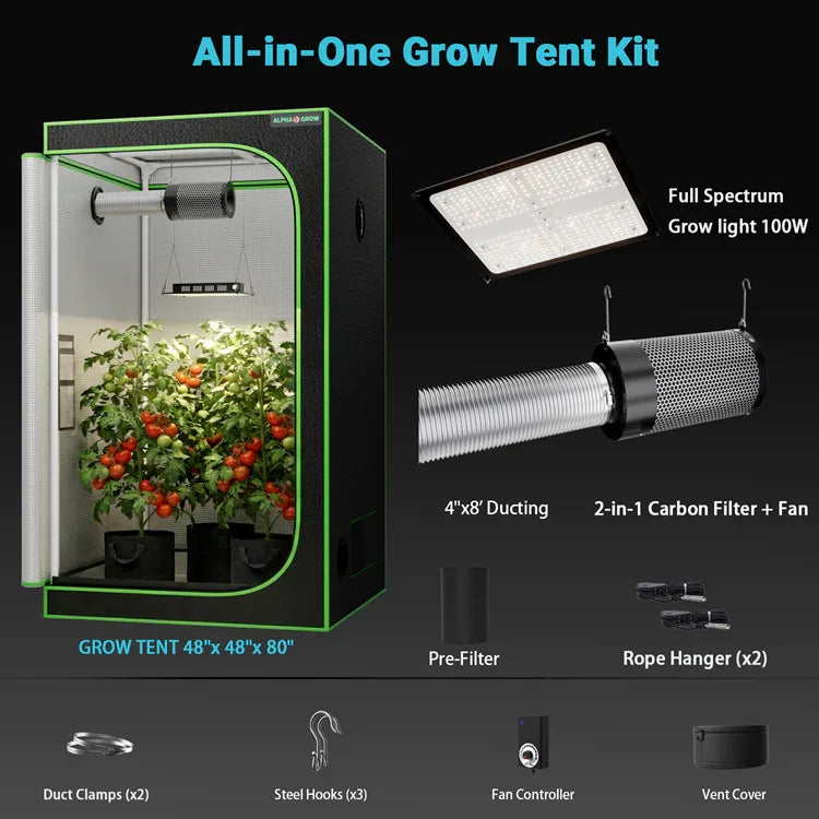 MIMEO All-in-One Grow Tent Kit with LED Grow Light, Carbon Filter & Fan for Indoor Hydroponics