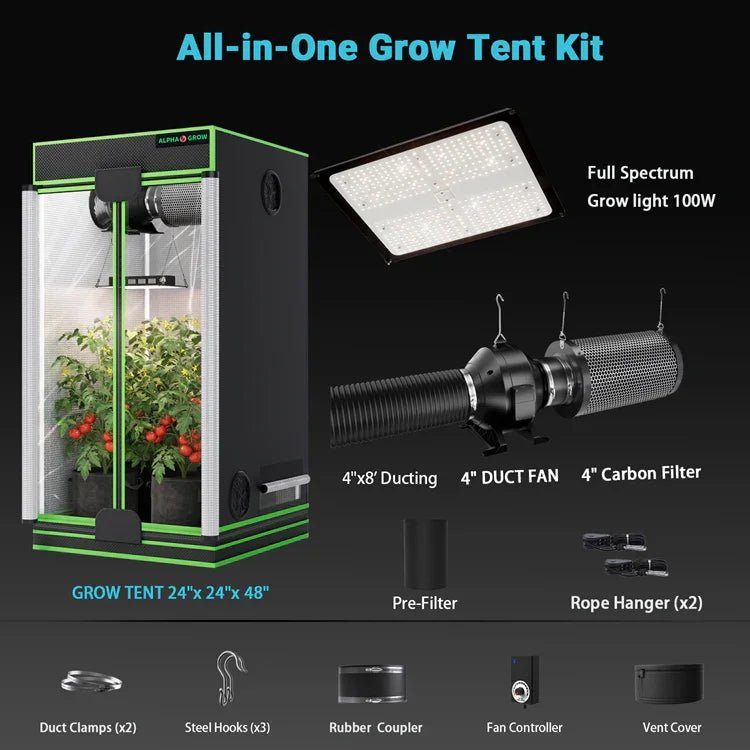 MIMEO All-in-One Grow Tent Kit with LED Grow Light, Inline Fan & Carbon Filter for Indoor Hydroponics