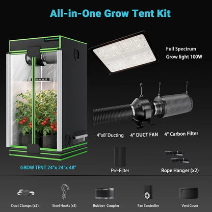 MIMEO All-in-One Grow Tent Kit with LED Grow Light, Inline Fan & Carbon Filter for Indoor Hydroponics
