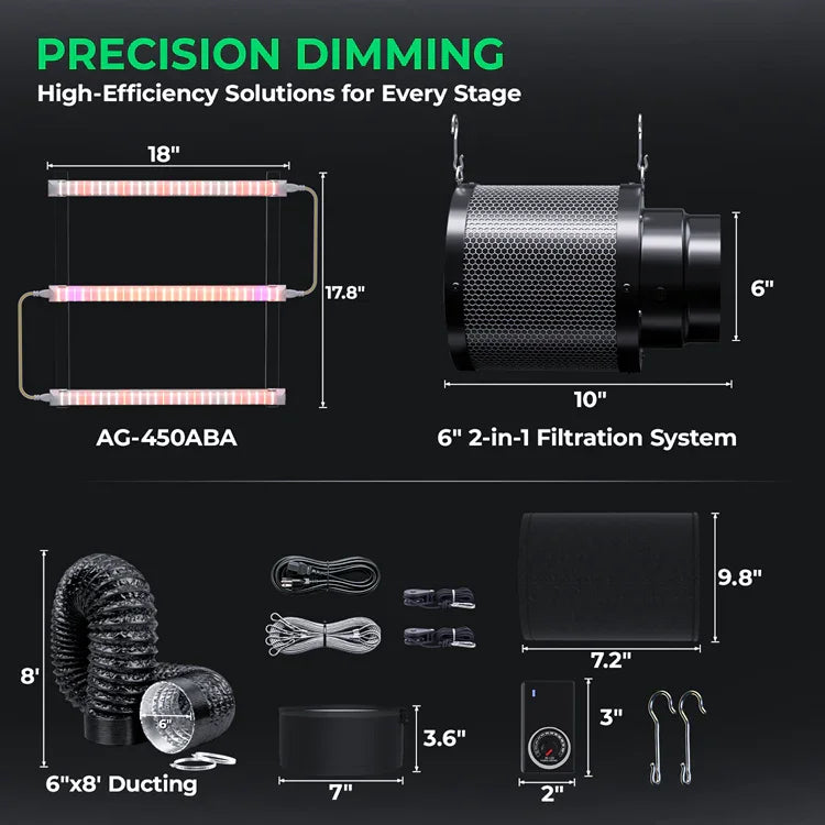 MIMEO AG-450ABA LED Grow Light with 6" 2-in-1 Filtration System, ducting, and stealth indoor gardening components