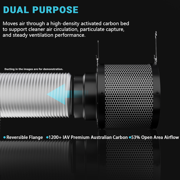 MIMEO dual-purpose carbon filter with reversible flange and 53% open airflow for indoor gardening ventilation
