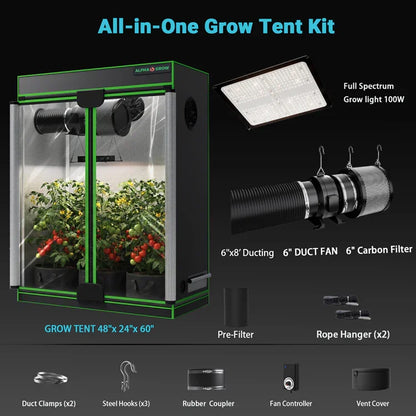 MIMEO All-in-One Grow Tent Kit with LED Grow Light, Inline Fan & Carbon Filter for Indoor Hydroponics