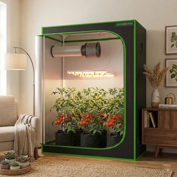 MIMEO indoor grow tent with LED light, inline fan, and thriving tomato plants for stealth hydroponic gardening
