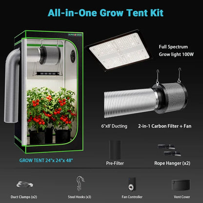 MIMEO All-in-One Grow Tent Kit with LED Grow Light, Carbon Filter & Ducting for Indoor Hydroponics