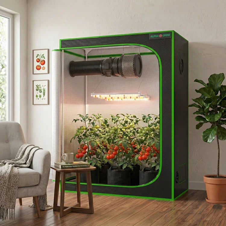 MIMEO Grow Tent with LED Grow Light and thriving tomato plants, ideal for indoor hydroponics and stealth growing setups.