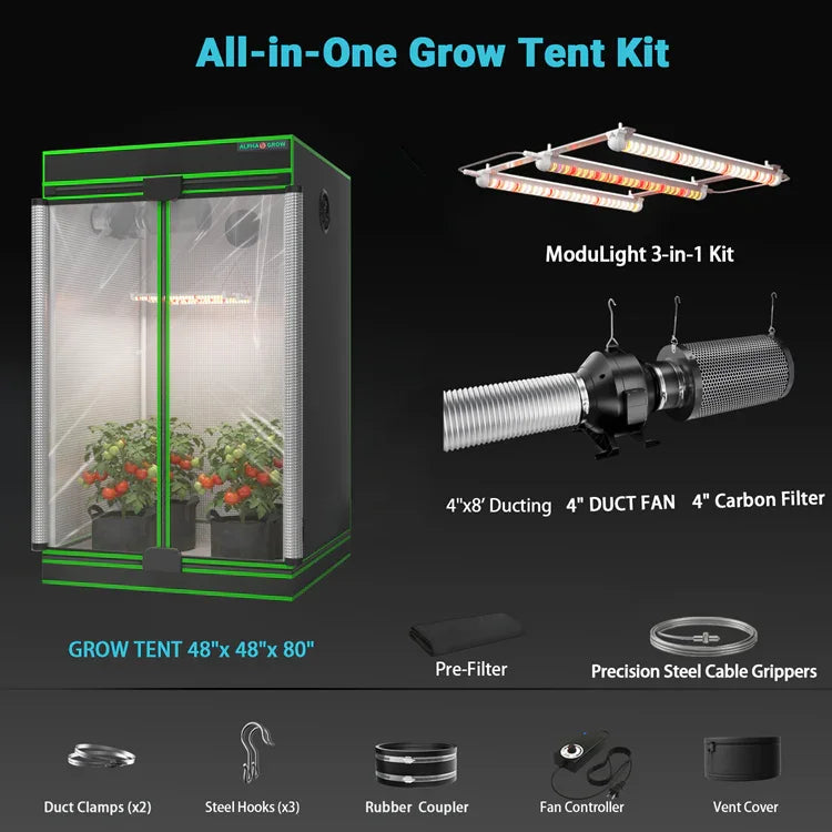 MIMEO All-in-One Grow Tent Kit with LED Light, Carbon Filter & Duct Fan for Indoor Hydroponics