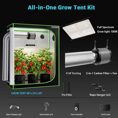 MIMEO All-in-One Grow Tent Kit with LED Grow Light, Carbon Filter & Fan for Indoor Hydroponics