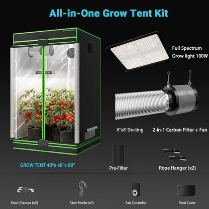 MIMEO All-in-One Grow Tent Kit with LED Grow Light, Carbon Filter & Fan for Indoor Hydroponics