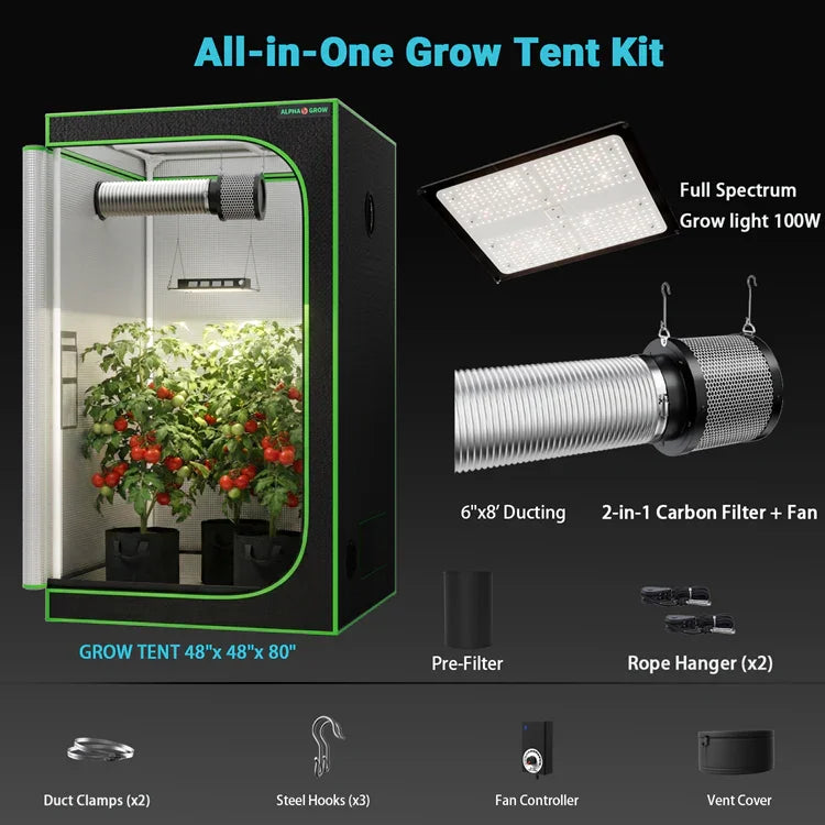 MIMEO All-in-One Grow Tent Kit with 100W LED Light, Carbon Filter & Fan for Indoor Hydroponics