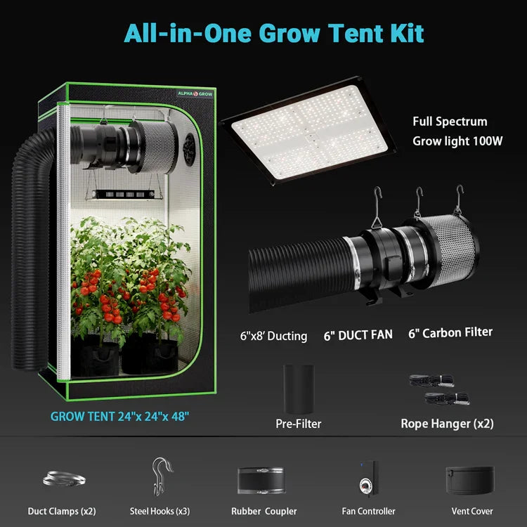 MIMEO All-in-One Grow Tent Kit with LED Grow Light, Carbon Filter & Ducting for Indoor Hydroponics