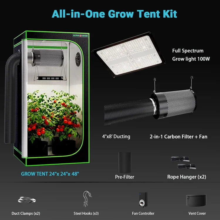 MIMEO All-in-One Grow Tent Kit with LED Light, Carbon Filter & Ducting for Indoor Hydroponics