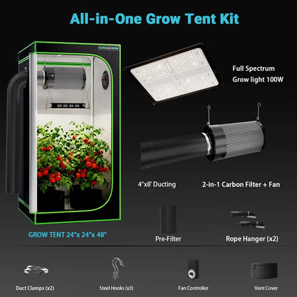 MIMEO All-in-One Grow Tent Kit with LED Light, Carbon Filter & Ducting for Indoor Hydroponics