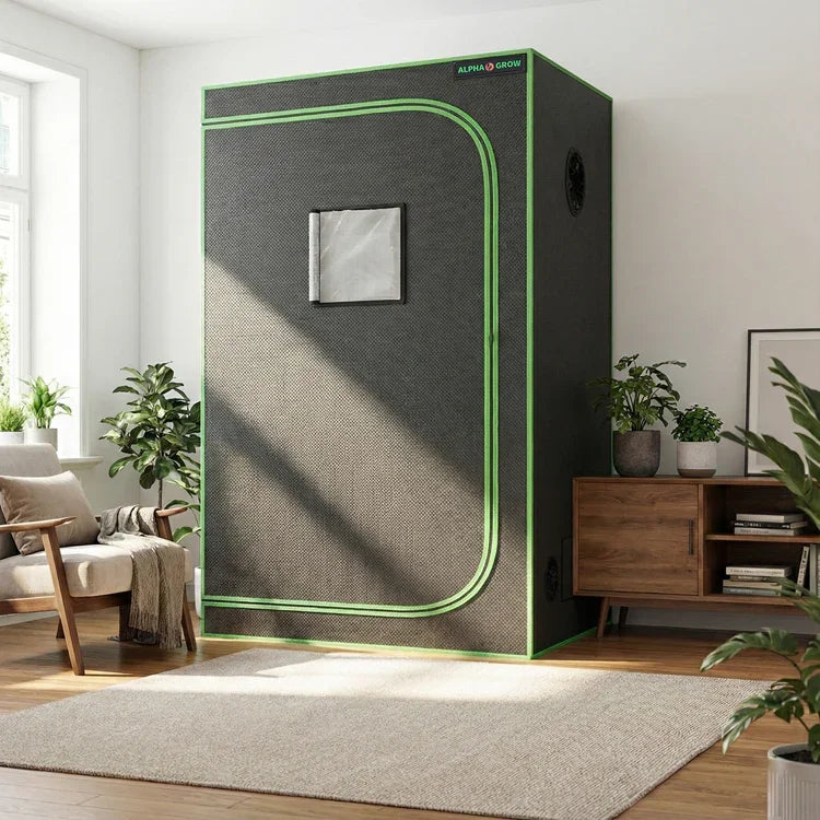 MIMEO Grow Tent with LED Grow Light setup for indoor hydroponics, featuring stealth design and carbon filter compatibility