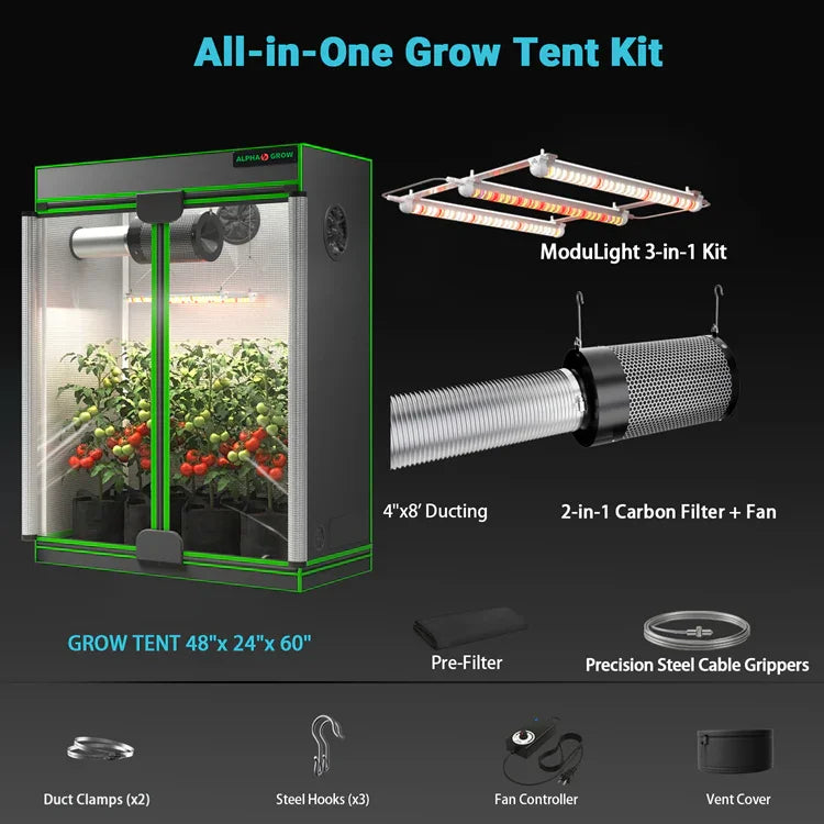 MIMEO All-in-One Grow Tent Kit with LED Light, Carbon Filter & Fan for Indoor Hydroponics