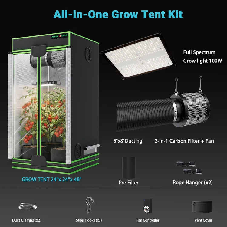 MIMEO All-in-One Grow Tent Kit with LED Grow Light, Carbon Filter & Fan for Indoor Hydroponics