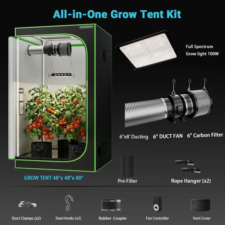 MIMEO All-in-One Grow Tent Kit with LED Grow Light, Carbon Filter & Duct Fan for Indoor Hydroponics
