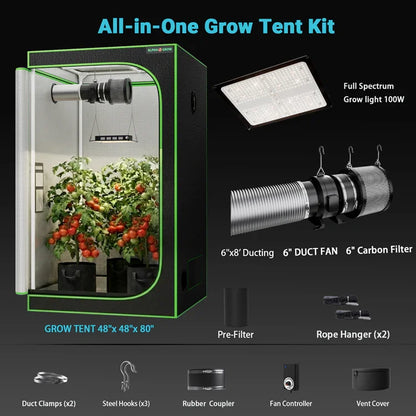 MIMEO All-in-One Grow Tent Kit with LED Grow Light, Carbon Filter & Duct Fan for Indoor Hydroponics