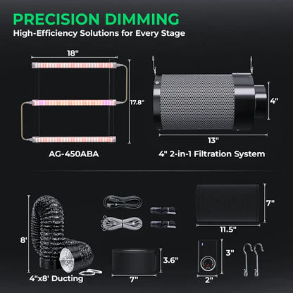 MIMEO AG-450ABA LED Grow Light & 4" 2-in-1 Filtration System for Indoor Hydroponics