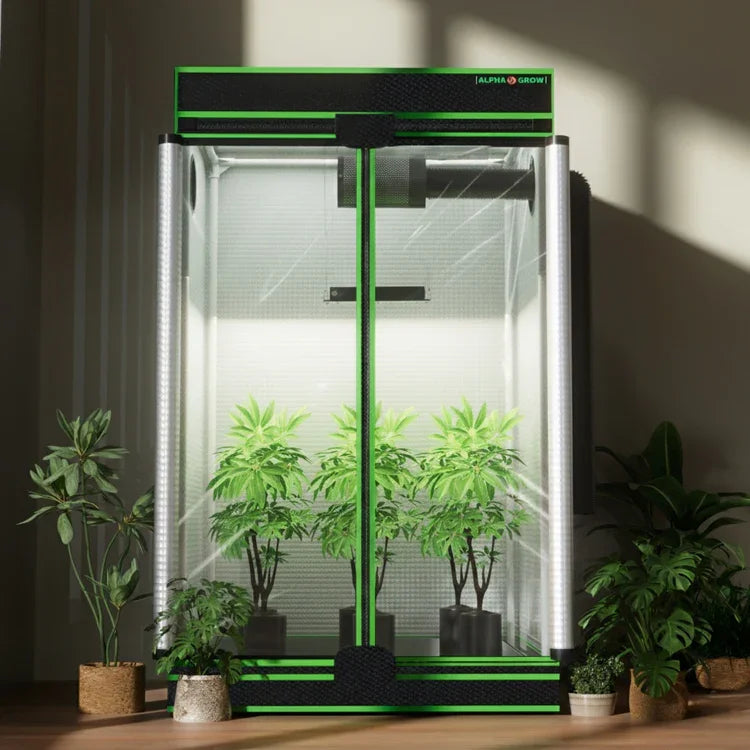 MIMEO indoor grow tent with LED lights and hydroponic plants, stealth grow setup