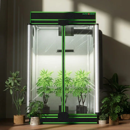 MIMEO indoor grow tent with LED lights and hydroponic plants, stealth grow setup