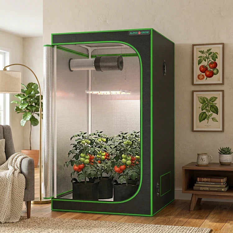 MIMEO indoor grow tent with LED light, inline fan, and thriving tomato plants for stealth hydroponic gardening