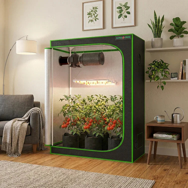 MIMEO Grow Tent with LED Grow Light and thriving tomato plants, ideal for indoor hydroponics and stealth growing.