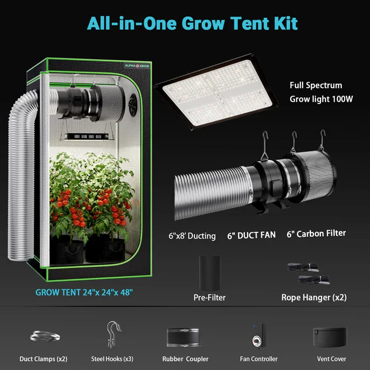 MIMEO All-in-One Grow Tent Kit with 100W LED Light, Carbon Filter & Ducting for Indoor Hydroponics