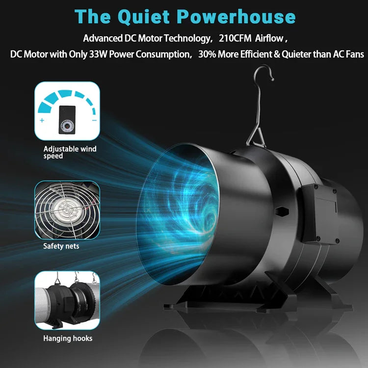 MIMEO Inline Fan for Stealth Growing – Quiet 210CFM DC Motor with Adjustable Speed & Hanging Hooks