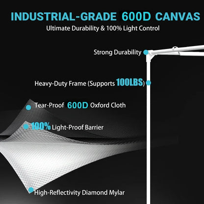 MIMEO Grow Tent with 600D Canvas, Diamond Mylar, and Heavy-Duty Frame for Indoor Hydroponics