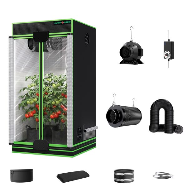 MIMEO indoor gardening kit with grow tent, LED lighting, ventilation components, and accessories for home plant setup