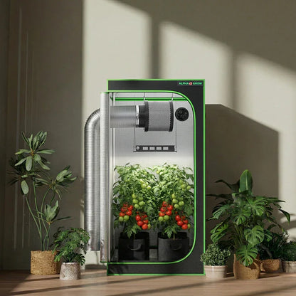 MIMEO indoor grow tent with LED light, inline fan, and thriving tomato plants for stealth hydroponics