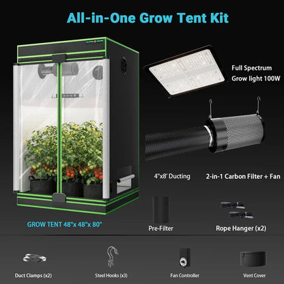 MIMEO All-in-One Grow Tent Kit with LED Light, Carbon Filter & Fan for Indoor Hydroponics