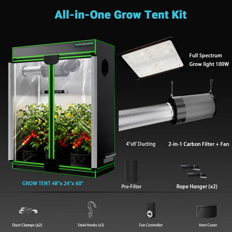 MIMEO All-in-One Grow Tent Kit with LED Grow Light, Carbon Filter & Fan for Indoor Hydroponics