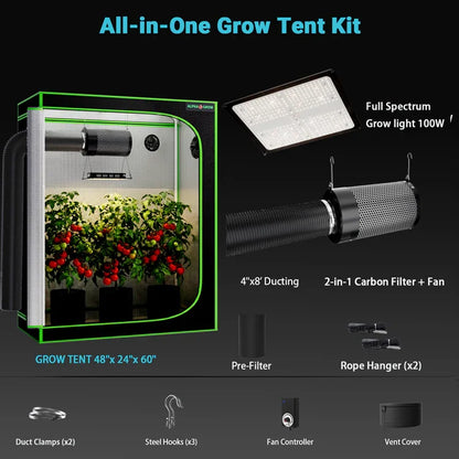 MIMEO All-in-One Grow Tent Kit with LED Grow Light, Carbon Filter & Fan for Indoor Hydroponics