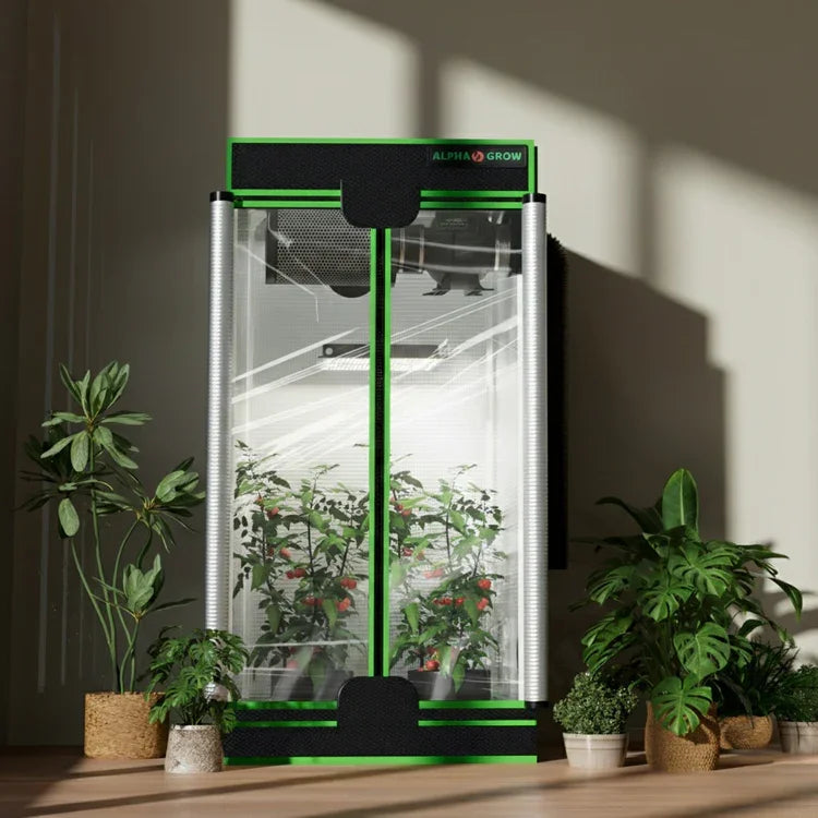 MIMEO Grow Tent with LED Grow Light and plants inside, ideal for indoor hydroponics and stealth growing setups.
