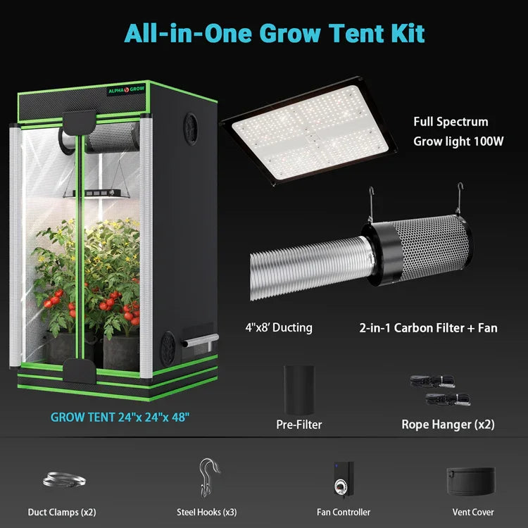 MIMEO All-in-One Grow Tent Kit with LED Grow Light, Carbon Filter & Fan for Indoor Hydroponics